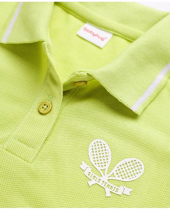 Babyhug Cotton Blend Knit Half Sleeves Polo T-Shirt with Tennis Rackets Embroidery in Limegreen