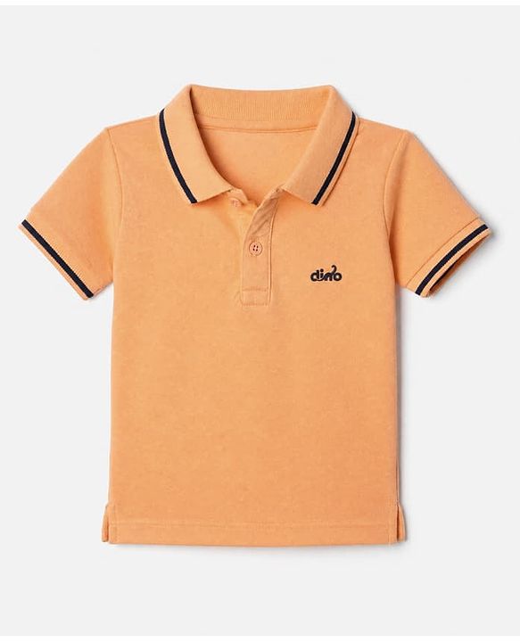 Babyhug Cotton Knit Half Sleeves Polo T-Shirt With Dino Embroidery - Peach