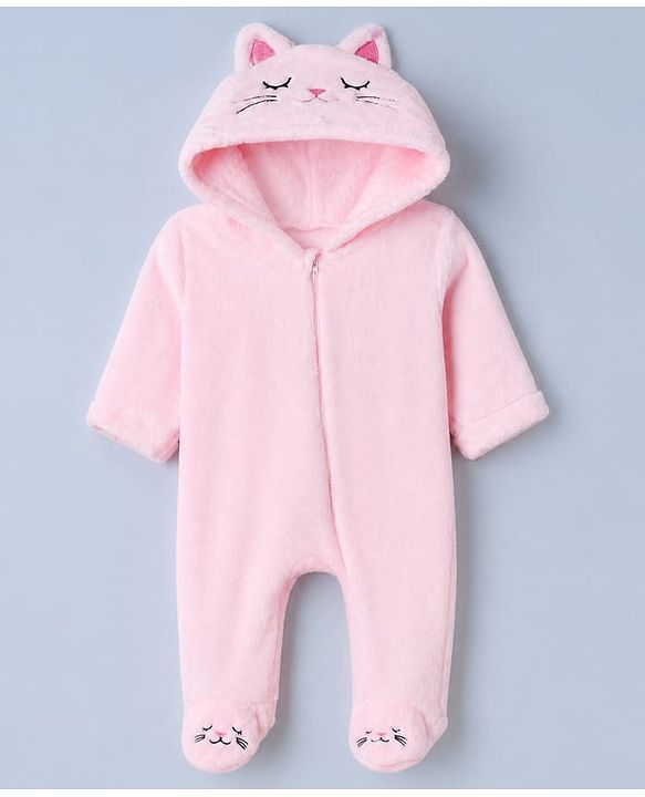 Babyhug Velour Knit Full Sleeves Hooded Winter Sleep Suit with KItten Print - Pink