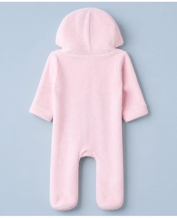 Babyhug Velour Knit Full Sleeves Hooded Winter Sleep Suit with KItten Print - Pink