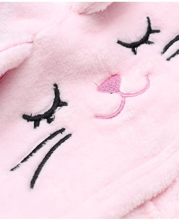 Babyhug Velour Knit Full Sleeves Hooded Winter Sleep Suit with KItten Print - Pink