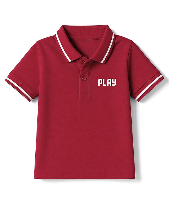 Babyhug Cotton Blend Knit Half Sleeves Polo T-Shirt with Play Text Print - Red