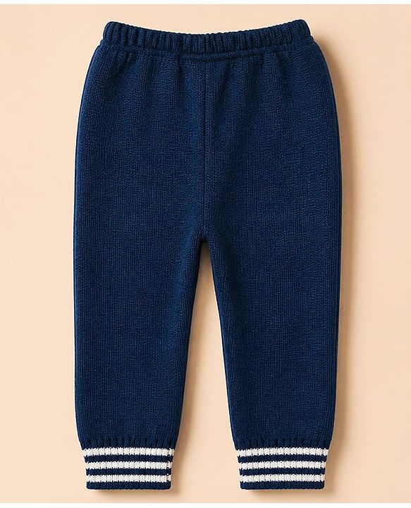 Babyhug Knit Full Sleeves Sweater and Pants Set with Stripe & Cable Knit Design - White & Navy