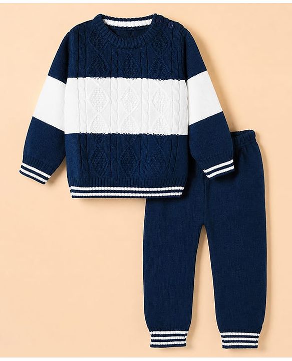 Babyhug Knit Full Sleeves Sweater and Pants Set with Stripe & Cable Knit Design - White & Navy