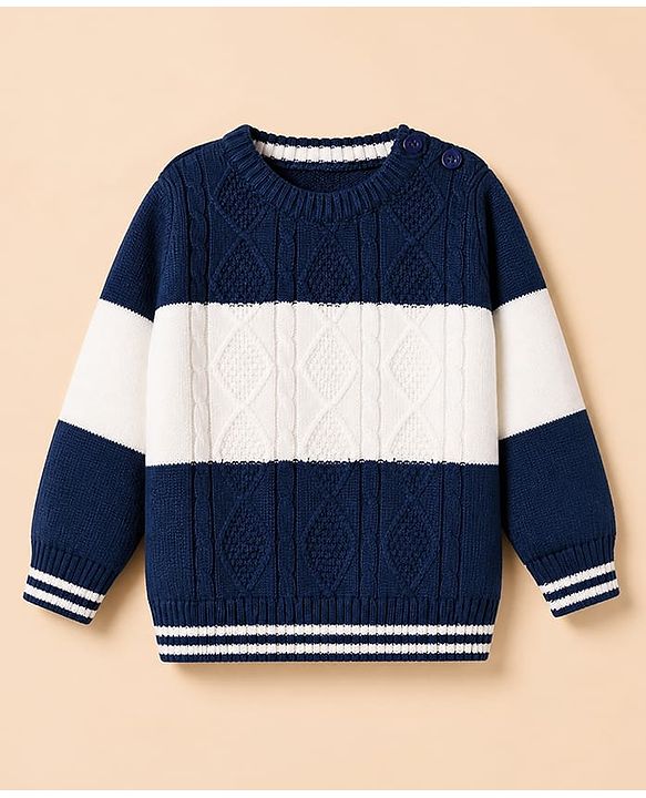 Babyhug Knit Full Sleeves Sweater and Pants Set with Stripe & Cable Knit Design - White & Navy