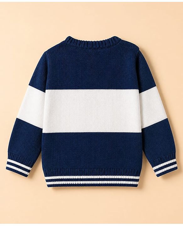 Babyhug Knit Full Sleeves Sweater and Pants Set with Stripe & Cable Knit Design - White & Navy