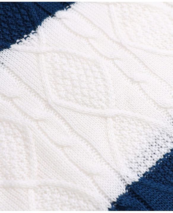 Babyhug Knit Full Sleeves Sweater and Pants Set with Stripe & Cable Knit Design - White & Navy