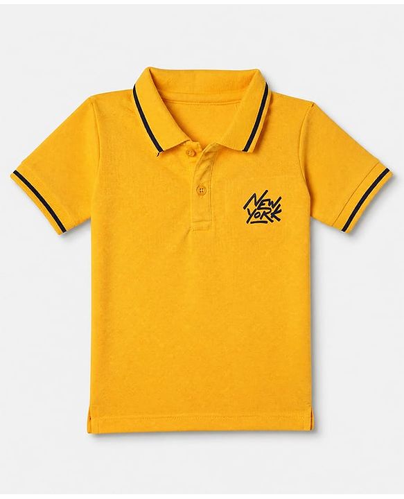 Babyhug Cotton Blend Knit Half Sleeves Polo T-Shirt With New York Embroidery - Mustard