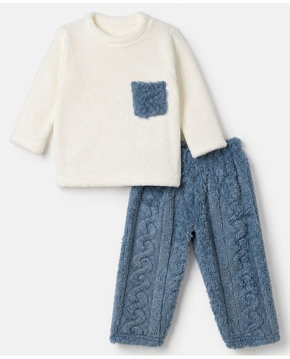 Babyhug Velour Knit Full Sleeves T-Shirt & Pajama Winter Night Suit - White & Blue
