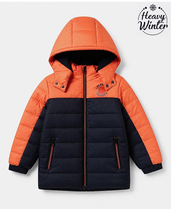 Babyhug Woven Padded Quilted Winter Full Sleeves Hooded Jacket - Orange & Navy Blue