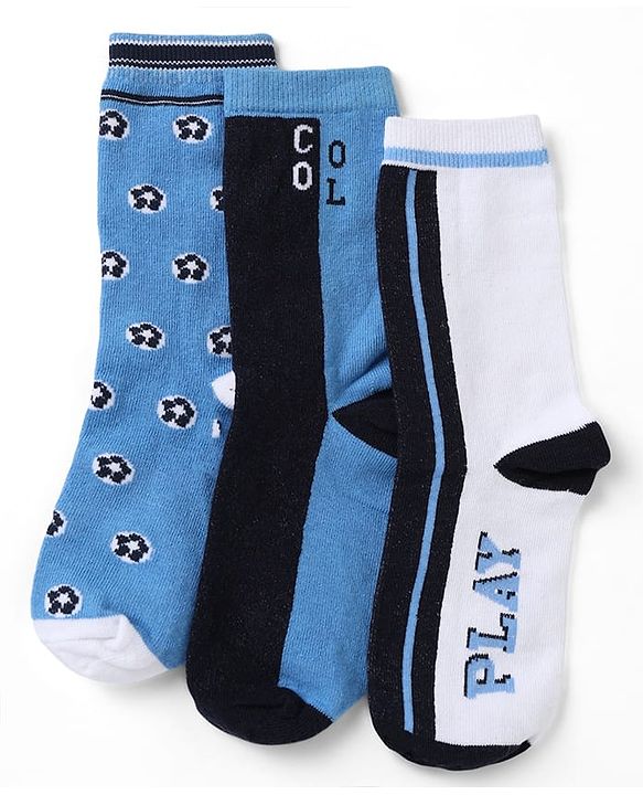 Pine Kids Cotton Mix Knit Calf Length Socks with Play & Cool Text Pack of 3 In Blue