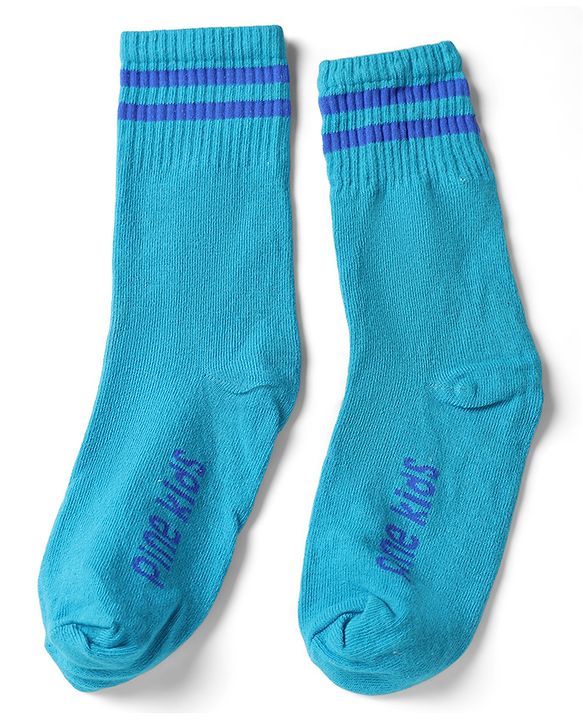 Pine Kids Cotton Knit Ankle Length Socks With Logo Design Set Of 3 - Light Blue, Black & Cream