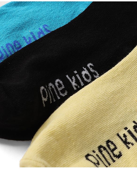 Pine Kids Cotton Knit Ankle Length Socks With Logo Design Set Of 3 - Light Blue, Black & Cream