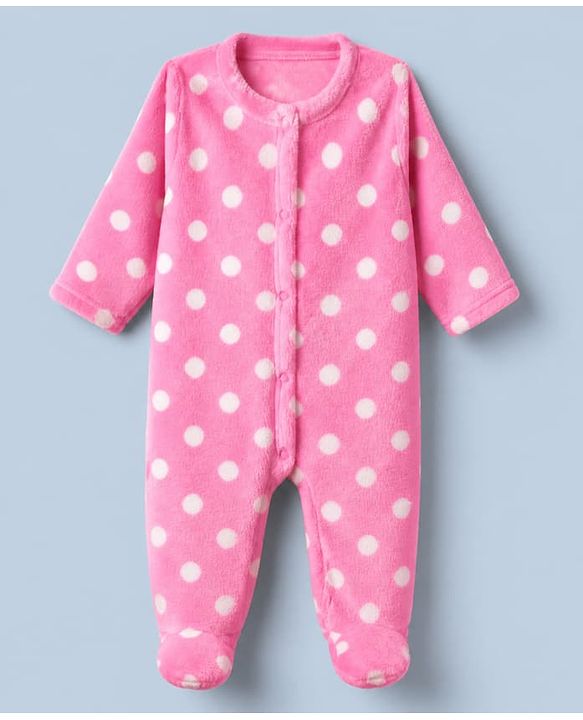Babyhug Cotton Mixes Velour Knit Full Sleeves Winter Sleep Suit with Polka Dots Print - Pink