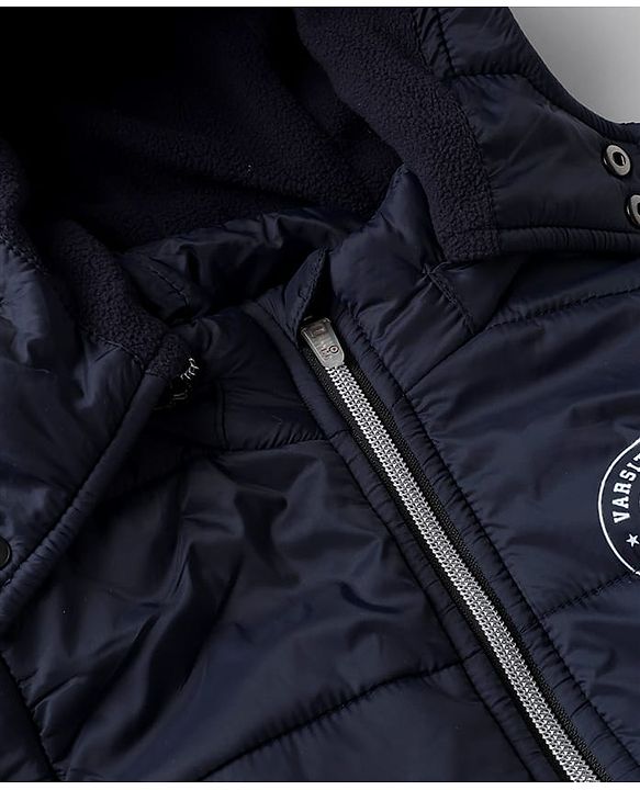 Babyhug Woven Padded Quilted Winter Full Sleeves Hooded Jacket with Soccer Ball Print - Red & Navy Blue