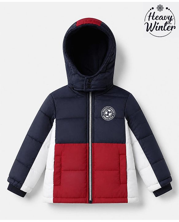 Babyhug Woven Padded Quilted Winter Full Sleeves Hooded Jacket with Soccer Ball Print - Red & Navy Blue