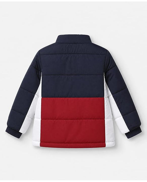 Babyhug Woven Padded Quilted Winter Full Sleeves Hooded Jacket with Soccer Ball Print - Red & Navy Blue