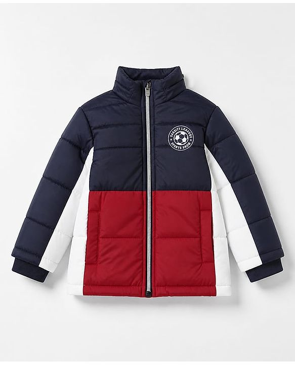 Babyhug Woven Padded Quilted Winter Full Sleeves Hooded Jacket with Soccer Ball Print - Red & Navy Blue