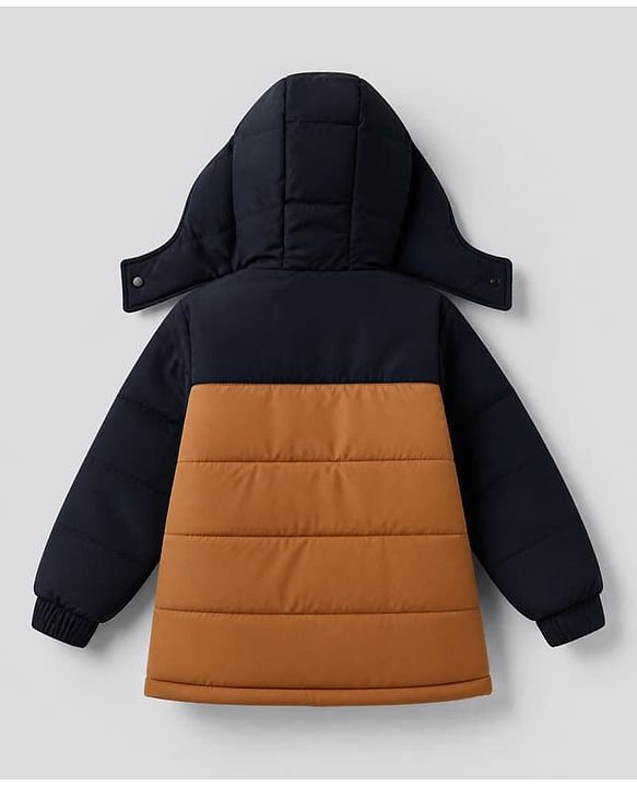Babyhug Woven Padded Quilted Winter Full Sleeves Hooded Jacket with 85 Patch - Mustard & Navy Blue