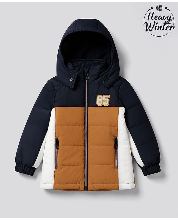 Babyhug Woven Padded Quilted Winter Full Sleeves Hooded Jacket with 85 Patch - Mustard & Navy Blue
