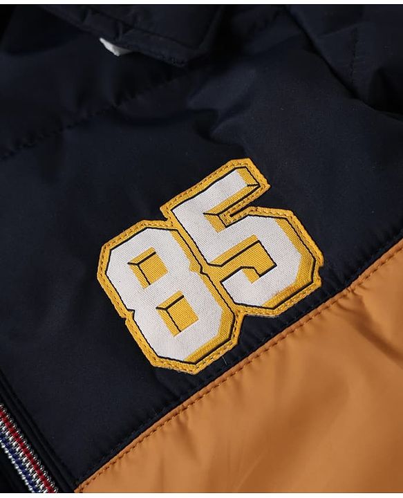 Babyhug Woven Padded Quilted Winter Full Sleeves Hooded Jacket with 85 Patch - Mustard & Navy Blue