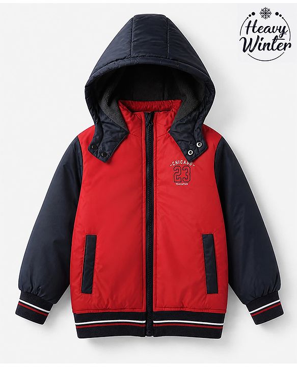 Babyhug Woven Padded Quilted Winter Full Sleeves Hooded Jacket with Chicago 23 Team Captain Print - Red & Navy Blue