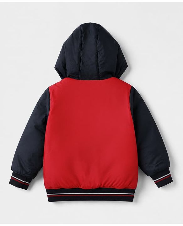 Babyhug Woven Padded Quilted Winter Full Sleeves Hooded Jacket with Chicago 23 Team Captain Print - Red & Navy Blue