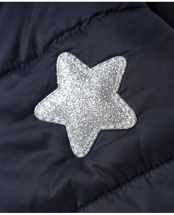 Babyhug Woven Full Sleeves Hooded Padded Quilted Winter Jacket With Star Patch - Navy Blue