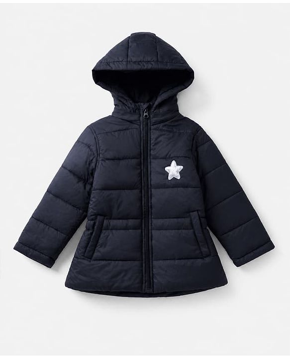 Babyhug Woven Full Sleeves Hooded Padded Quilted Winter Jacket With Star Patch - Navy Blue