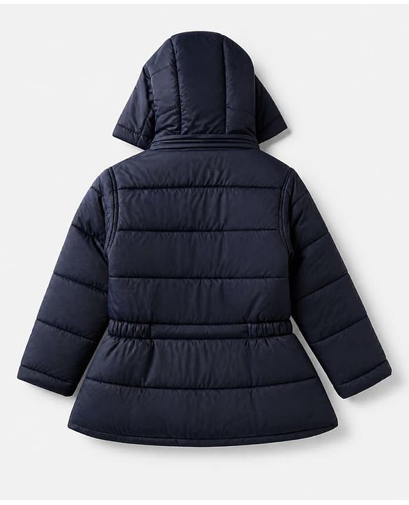 Babyhug Woven Full Sleeves Hooded Padded Quilted Winter Jacket With Star Patch - Navy Blue