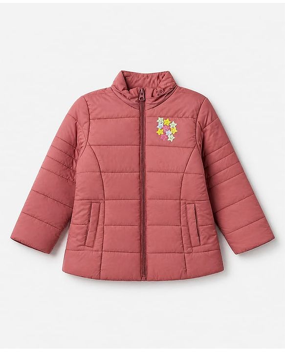 Babyhug Woven Padded Quilted Hooded Winter Jacket with Full Sleeves and Stars Print - Dark Pink