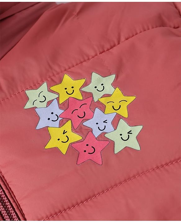Babyhug Woven Padded Quilted Hooded Winter Jacket with Full Sleeves and Stars Print - Dark Pink