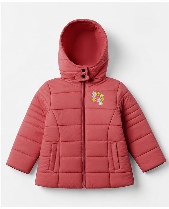 Babyhug Woven Padded Quilted Hooded Winter Jacket with Full Sleeves and Stars Print - Dark Pink