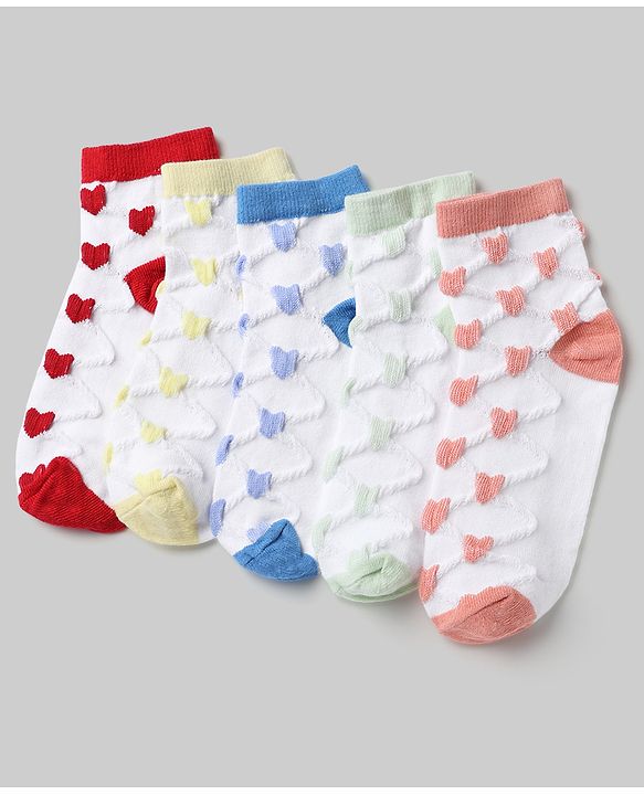 Pine Kids Cotton Knit Ankle Length Socks With Heart Design Pack of 5 - Orange, Red, Blue, Yellow & Green