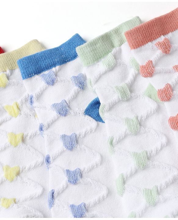 Pine Kids Cotton Knit Ankle Length Socks With Heart Design Pack of 5 - Orange, Red, Blue, Yellow & Green