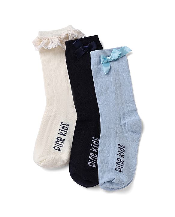 Pine Kids Cotton Mix Below Mid-Calf Length Socks with Pine Kids Text & Lace Detailing in Blue & Black Pack of 3