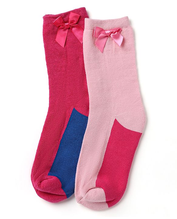 Pine Kids Cotton Knit Mid Calf Length Socks With Bow Applique Pack of 2 - Light Pink & Red