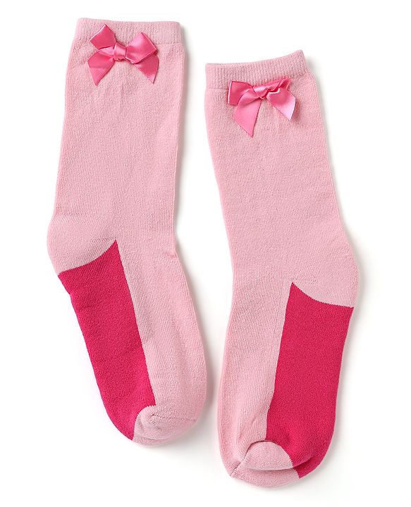 Pine Kids Cotton Knit Mid Calf Length Socks With Bow Applique Pack of 2 - Light Pink & Red