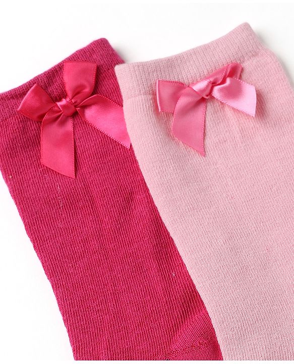 Pine Kids Cotton Knit Mid Calf Length Socks With Bow Applique Pack of 2 - Light Pink & Red