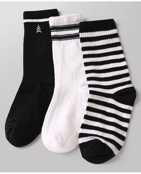 Pine Kids Cotton Knit Ankle Length Striped Socks Set Of 3 - White & Black
