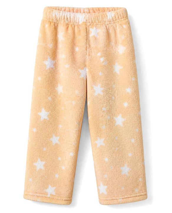 Babyhug Velour Knit Full Sleeves Co-ord T-Shirt & Pyjama Winter Nightwear with Stars Print - Orange