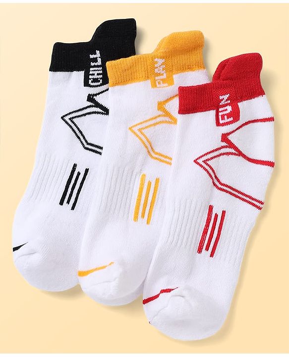 Pine Kids Knit Ankle Length Socks Chill Play & Fun Text in White Pack of 3