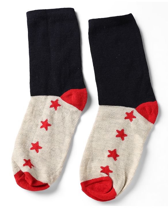 Pine Kids Cotton Knit Ankle Length Striped Socks With Star Print Set Of 5 - Black, Red & Grey