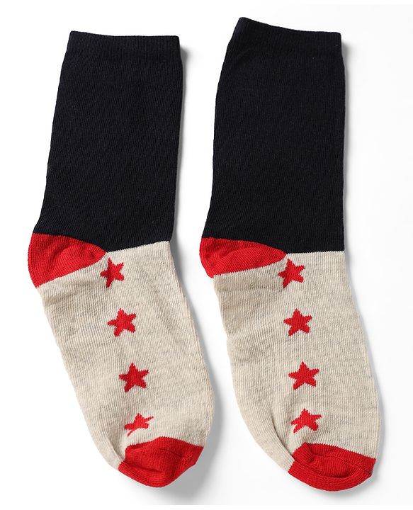 Pine Kids Cotton Knit Ankle Length Striped Socks With Star Print Set Of 5 - Black, Red & Grey