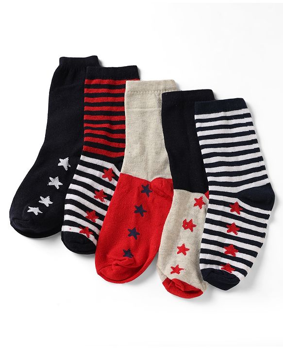 Pine Kids Cotton Knit Ankle Length Striped Socks With Star Print Set Of 5 - Black, Red & Grey
