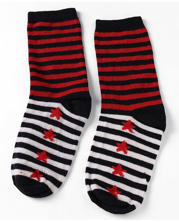 Pine Kids Cotton Knit Ankle Length Striped Socks With Star Print Set Of 5 - Black, Red & Grey
