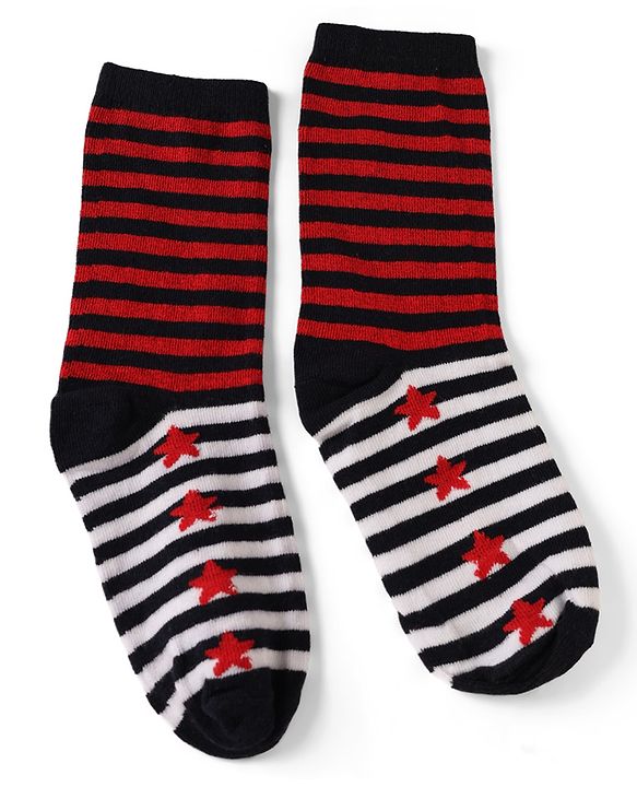 Pine Kids Cotton Knit Ankle Length Striped Socks With Star Print Set Of 5 - Black, Red & Grey