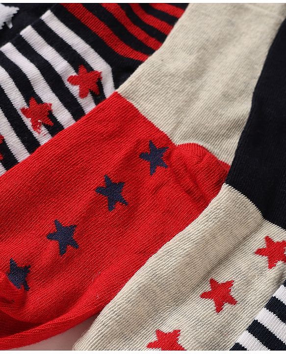 Pine Kids Cotton Knit Ankle Length Striped Socks With Star Print Set Of 5 - Black, Red & Grey