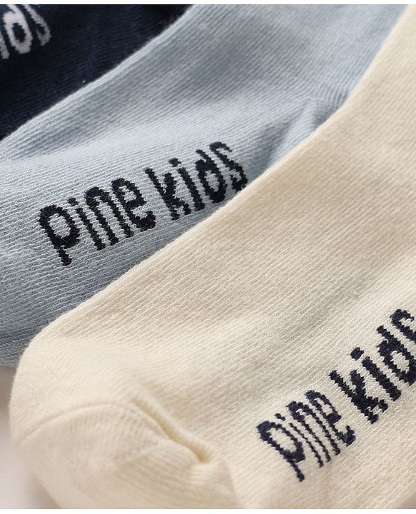 Pine Kids Cotton Knit Below Knee Length Socks With Logo Design Set Of 3 - Black, Grey & Cream