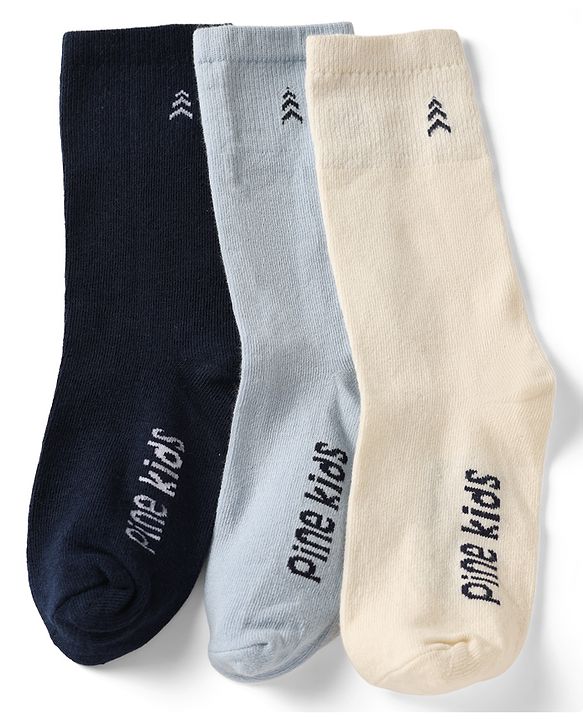 Pine Kids Cotton Knit Below Knee Length Socks With Logo Design Set Of 3 - Black, Grey & Cream